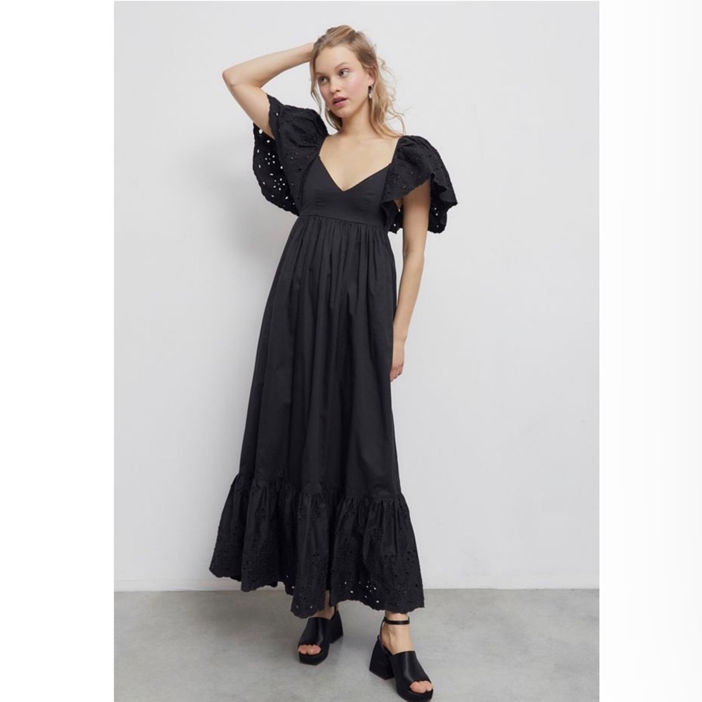 NWT En Saison Eyelet Detail Flutter Sleeve Poplin Maxi Dress Nordstrom Black NWT